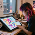 Artist creating stunning ai ecchi illustrations in a vibrant studio filled with sketches and digital tools.