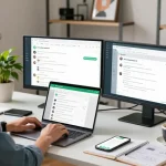 Work environment showcasing WhatsApp網頁版 on laptop with a productive atmosphere.